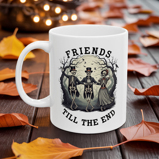 Friends Till The End Skeleton Mug - Halloween Skull Coffee Cup, Gothic Skeleton Friends Gift, Dark Academia Spooky 11oz, 15oz Ceramic