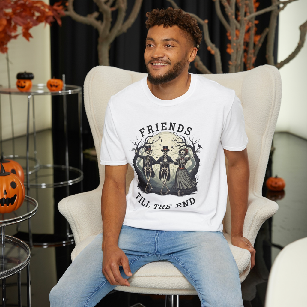 Friends Till The End Skeleton Tee | Dancing Skeleton Friends Shirt | Halloween Gothic BFF Gift | Unisex Heather Grey Graphic T-Shirt