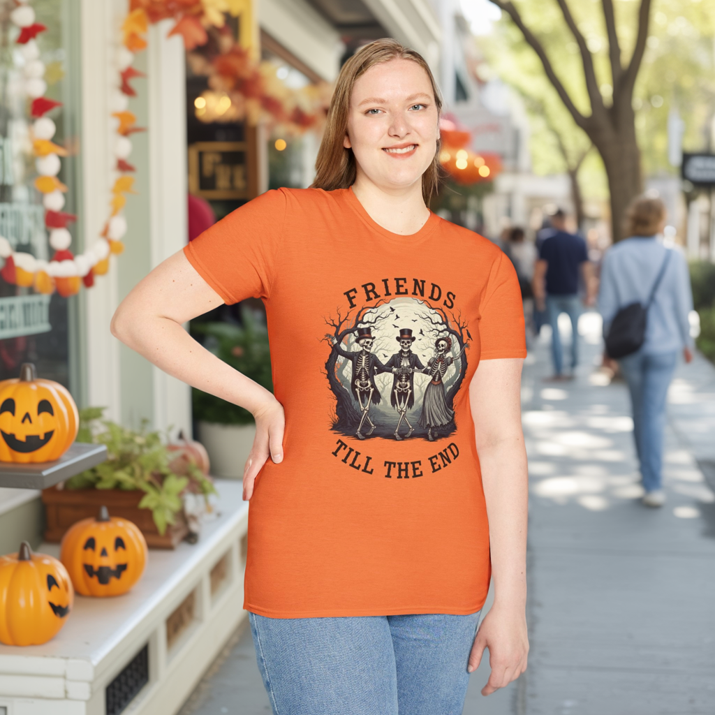Friends Till The End Skeleton Tee | Dancing Skeleton Friends Shirt | Halloween Gothic BFF Gift | Unisex Heather Grey Graphic T-Shirt