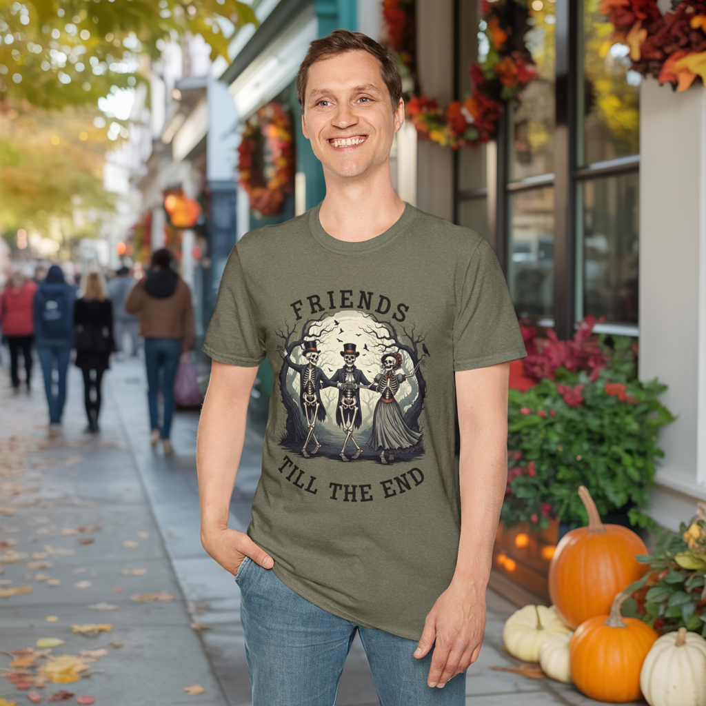Friends Till The End Skeleton Tee | Dancing Skeleton Friends Shirt | Halloween Gothic BFF Gift | Unisex Heather Grey Graphic T-Shirt
