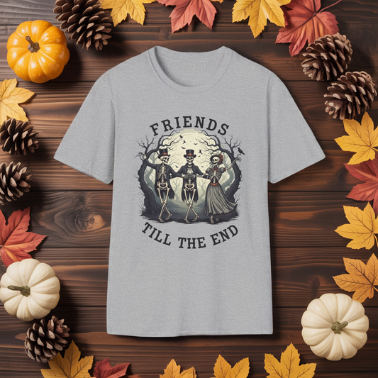 Friends Till The End Skeleton Tee | Dancing Skeleton Friends Shirt | Halloween Gothic BFF Gift | Unisex Heather Grey Graphic T-Shirt