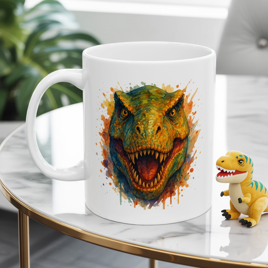 Watercolor T-Rex Mug - Ceramic Dinosaur Coffee Cup, 11oz and 15oz Tea Rex Art, Dinosaur Lover Gift, Paleontology Office Decor