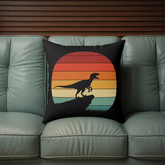 Vintage Velociraptor Pillow - Retro Sunset Dino Throw Cushion, Spun Polyester Decorative Raptor Home Decor, Jurassic Dino Decor