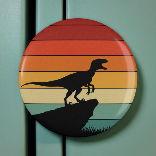 Vintage Velociraptor Button Magnet - Retro Sunset Dino Fridge Magnet, 2.25″ Round Velociraptor Art Pin, Gift for Dino Lover, Jurassic Decor