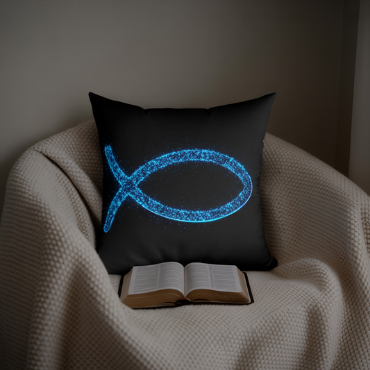 Ichthys Christian Fish Pillow – Bioluminescent Particle Design Cushion, Religious Decor, Faith Throw Pillow, Christian Gift