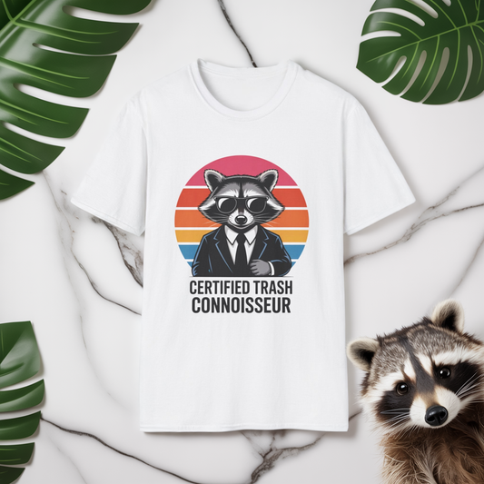 Certified Trash Connoisseur Raccoon Shirt - Funny Trash Panda Graphic Tee - Retro Sunset Vintage Vibe - Unique Gift for Raccoon Lover