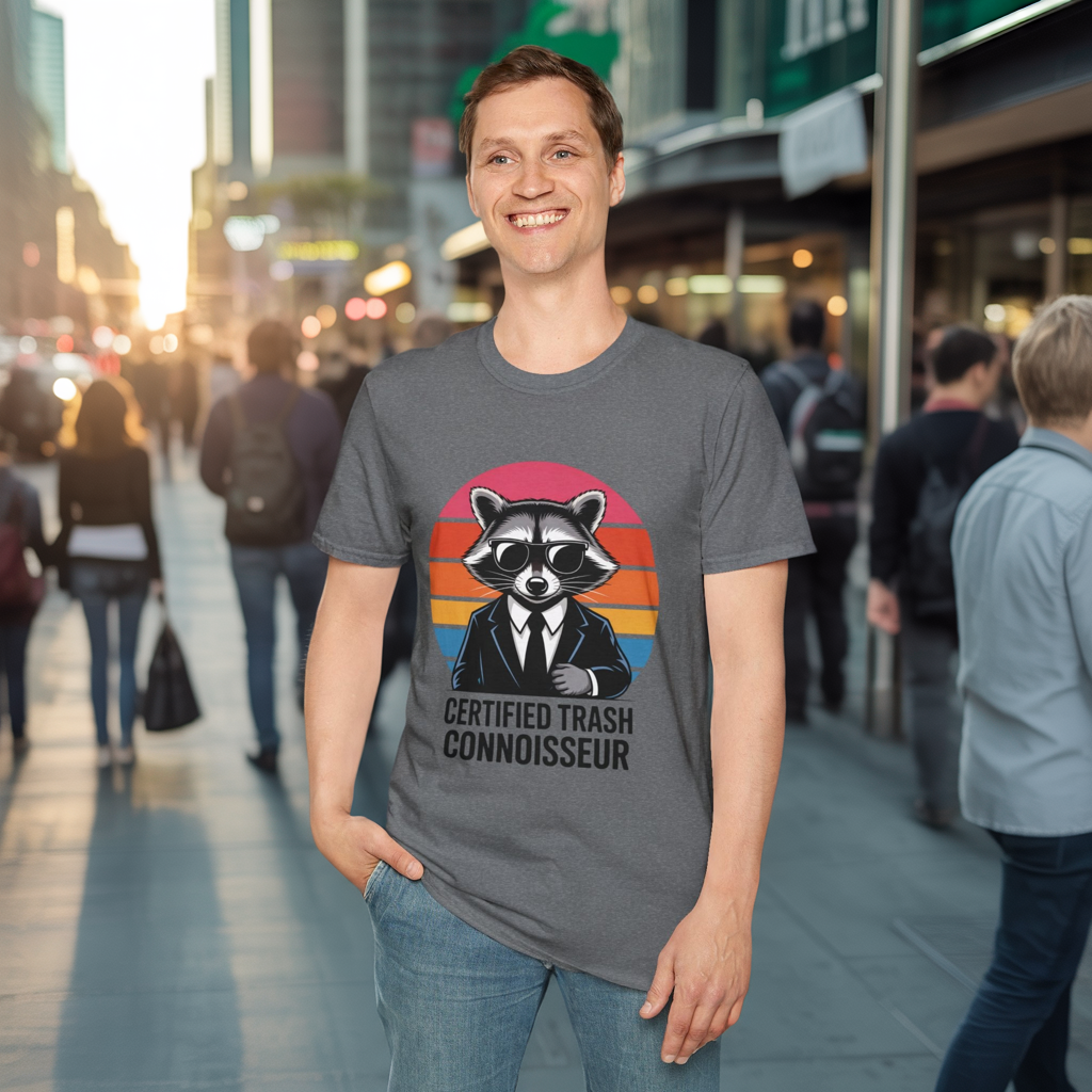 Certified Trash Connoisseur Raccoon Shirt - Funny Trash Panda Graphic Tee - Retro Sunset Vintage Vibe - Unique Gift for Raccoon Lover