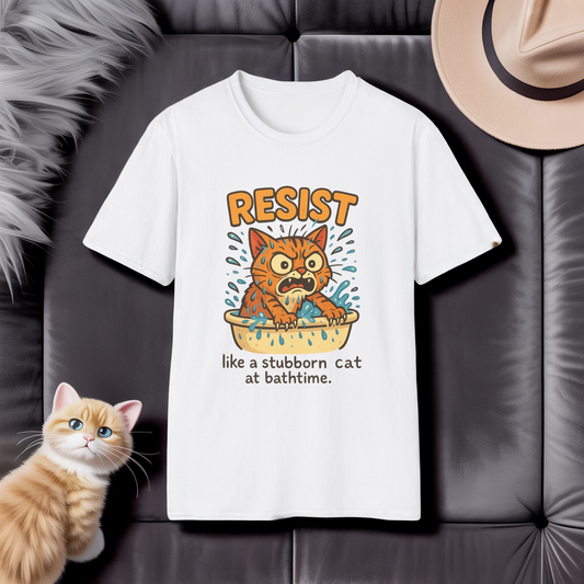 Resist Like A Stubborn Cat At Bathtime Funny Cat Lover Graphic Tee - Quirky Self Care Shirt - Gift For Pet Moms, Dads and Humor Fans