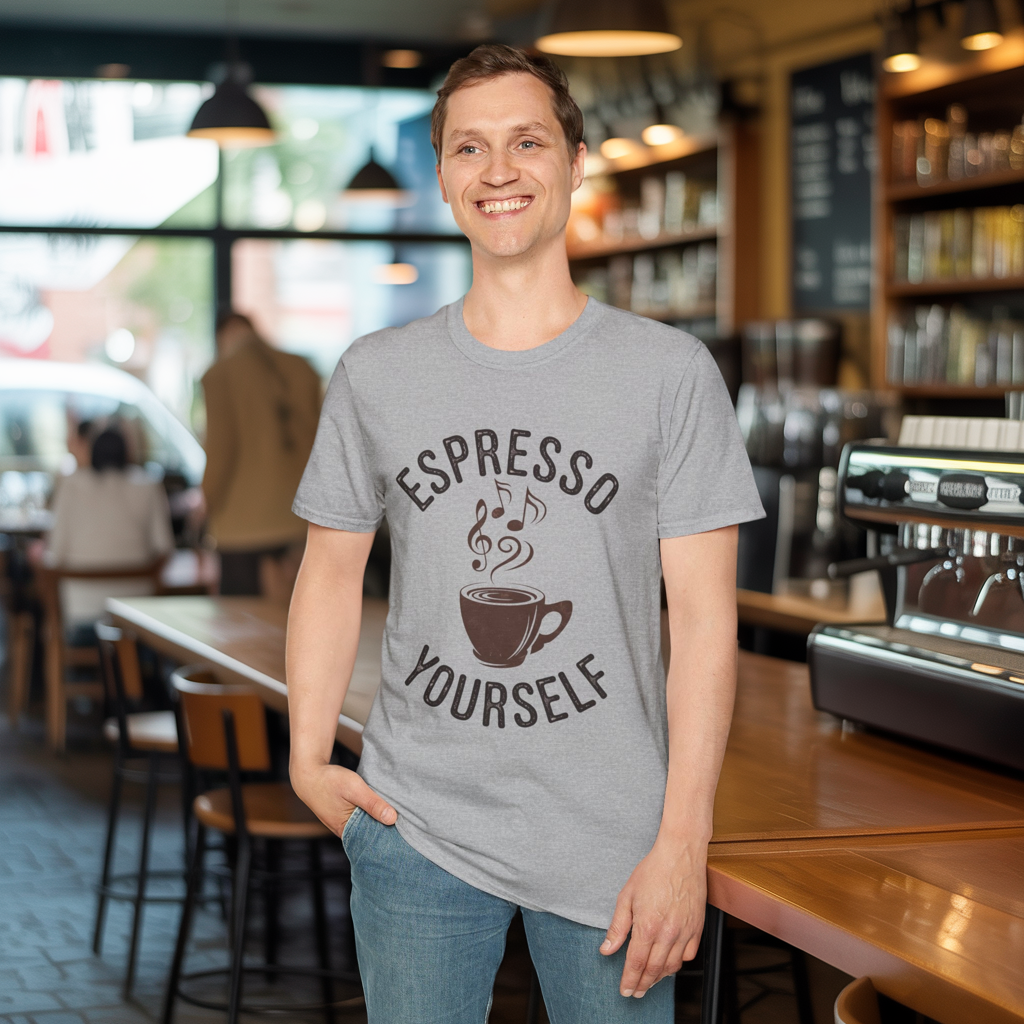 Espresso Yourself T‑Shirt • Funny Coffee Pun Graphic Tee • Musical Espresso Shirt • Caffeine Lover Gift • Coffee Humor Tee for Baristas
