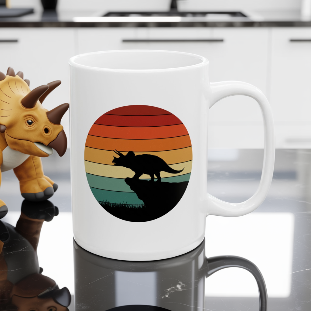 Dinosaur Sunset Mug - Triceratops Retro Coffee Cup - 80s Vintage Dino Mug Gift - Prehistoric Art Mug - Funny Dino Lover Gift 11oz or 15oz