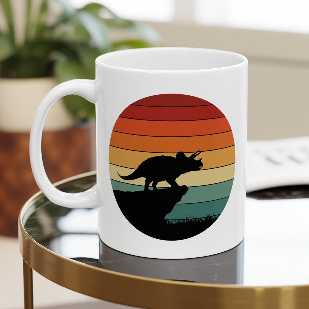 Dinosaur Sunset Mug - Triceratops Retro Coffee Cup - 80s Vintage Dino Mug Gift - Prehistoric Art Mug - Funny Dino Lover Gift 11oz or 15oz