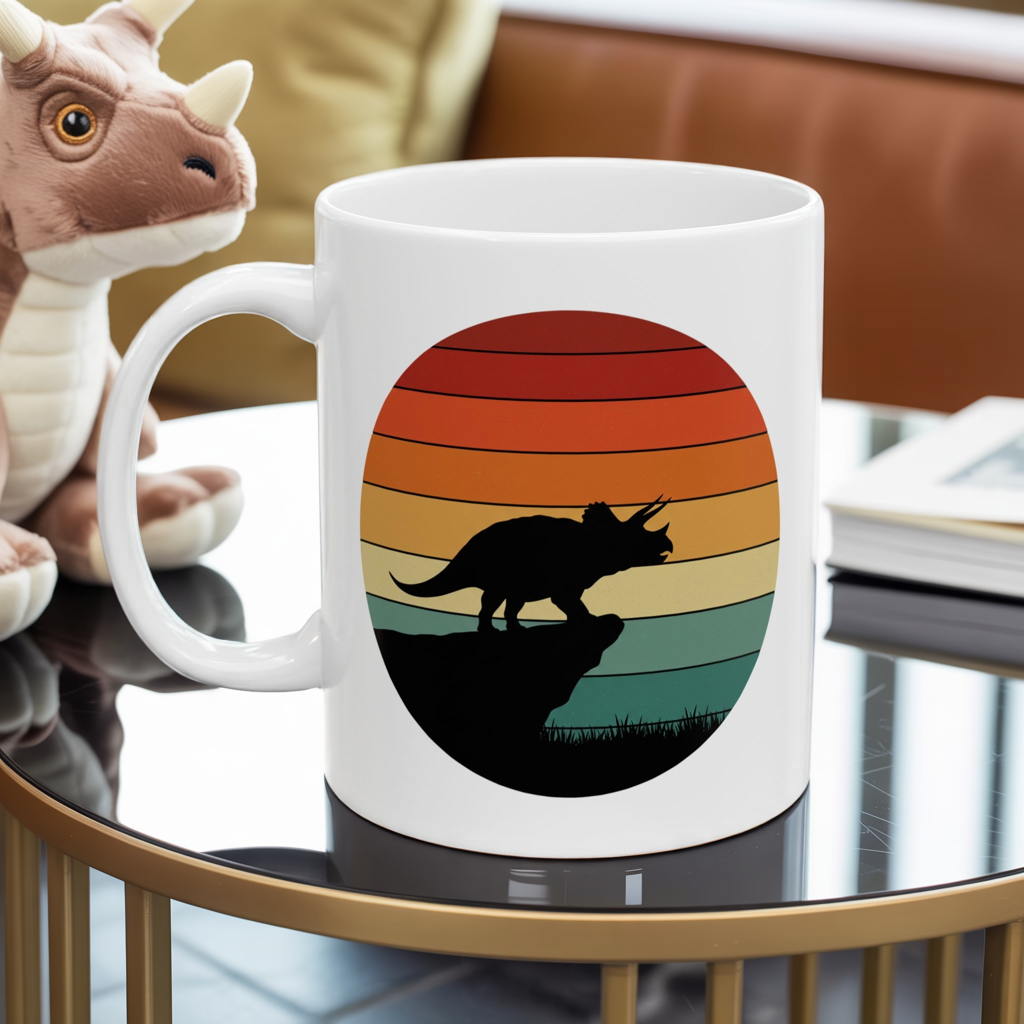 Dinosaur Sunset Mug - Triceratops Retro Coffee Cup - 80s Vintage Dino Mug Gift - Prehistoric Art Mug - Funny Dino Lover Gift 11oz or 15oz