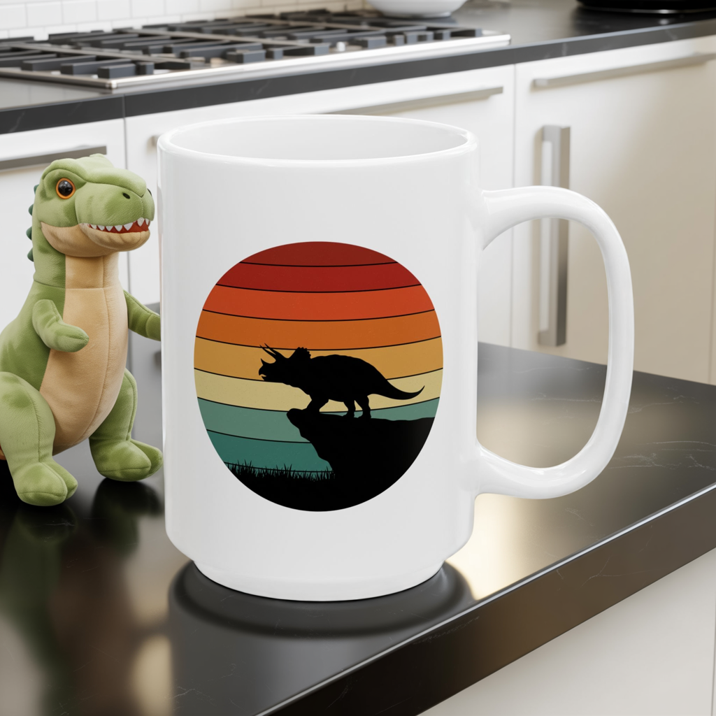Dinosaur Sunset Mug - Triceratops Retro Coffee Cup - 80s Vintage Dino Mug Gift - Prehistoric Art Mug - Funny Dino Lover Gift 11oz or 15oz
