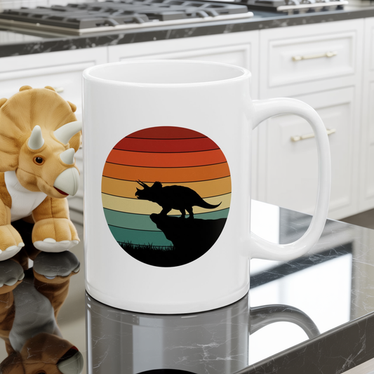Dinosaur Sunset Mug - Triceratops Retro Coffee Cup - 80s Vintage Dino Mug Gift - Prehistoric Art Mug - Funny Dino Lover Gift 11oz or 15oz