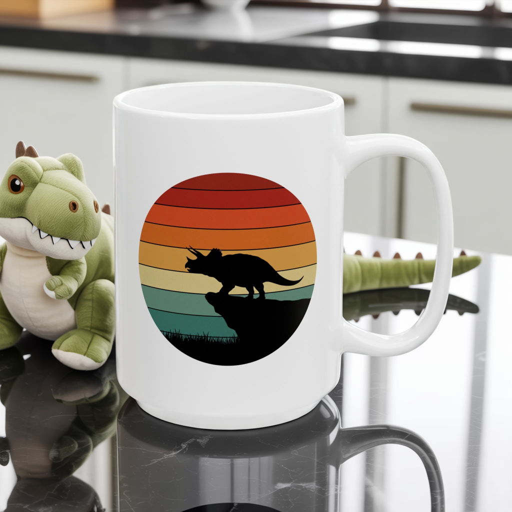 Dinosaur Sunset Mug - Triceratops Retro Coffee Cup - 80s Vintage Dino Mug Gift - Prehistoric Art Mug - Funny Dino Lover Gift 11oz or 15oz
