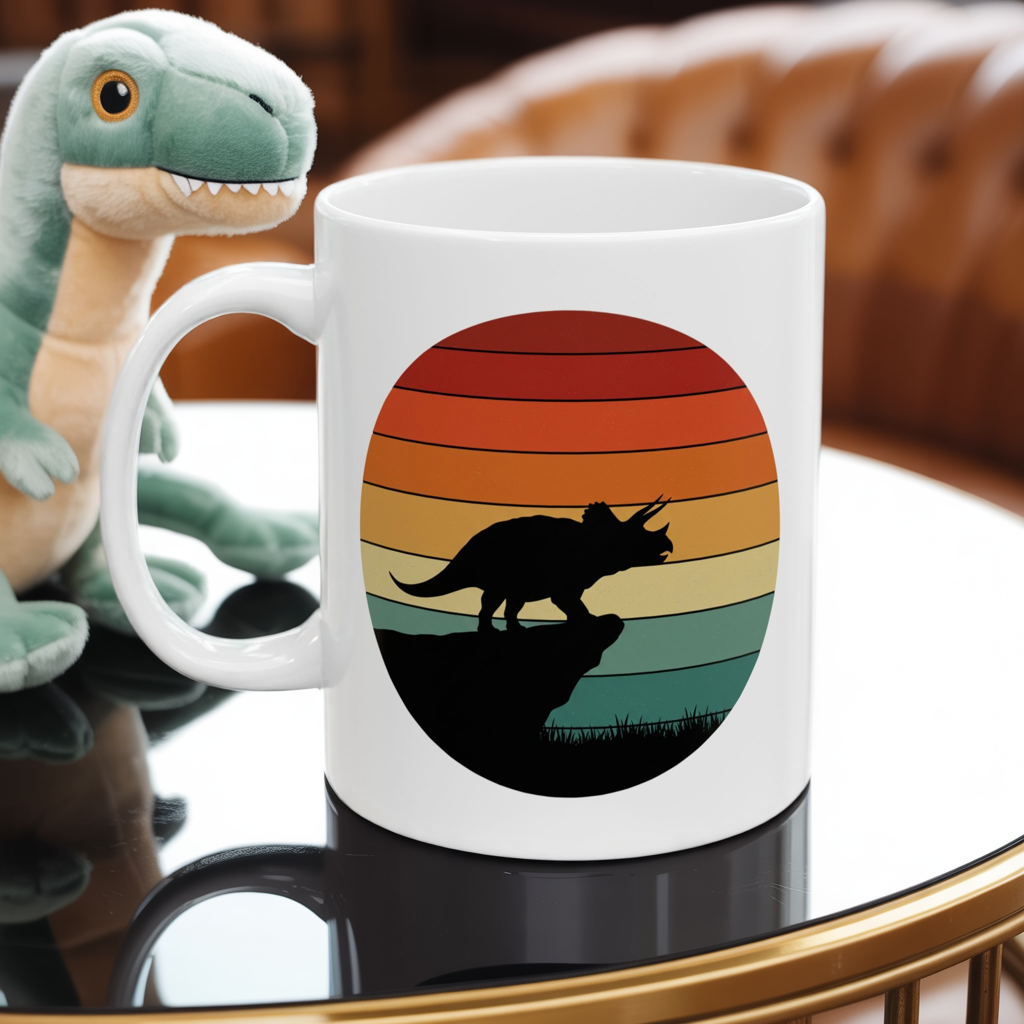 Dinosaur Sunset Mug - Triceratops Retro Coffee Cup - 80s Vintage Dino Mug Gift - Prehistoric Art Mug - Funny Dino Lover Gift 11oz or 15oz