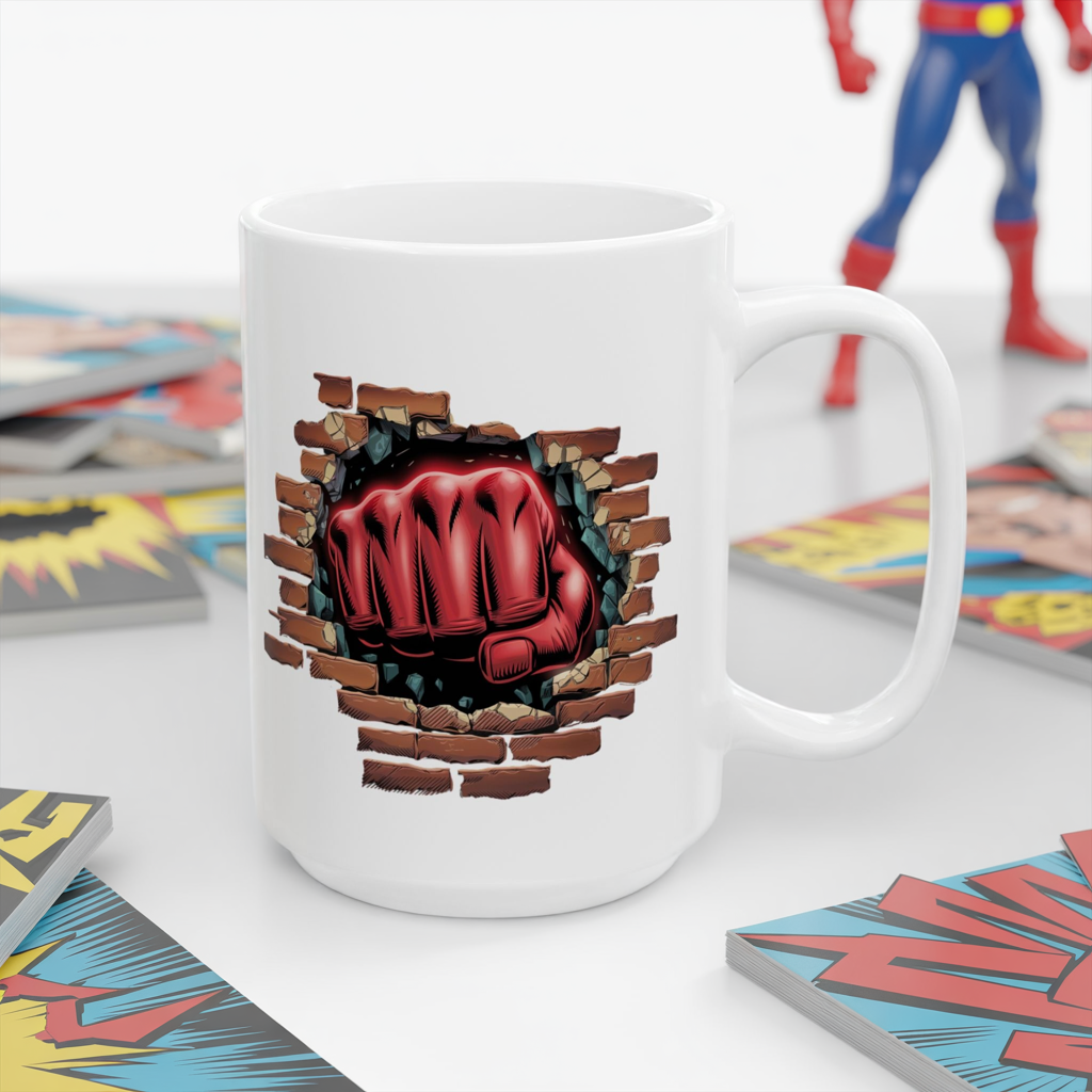 Red Fist Breaking Through Brick Mug – Bold Graphic 11oz or 15oz Ceramic Coffee Cup – Edgy Statement Gift for Him or Her, Cottagecore & Galaxy Aesthetic