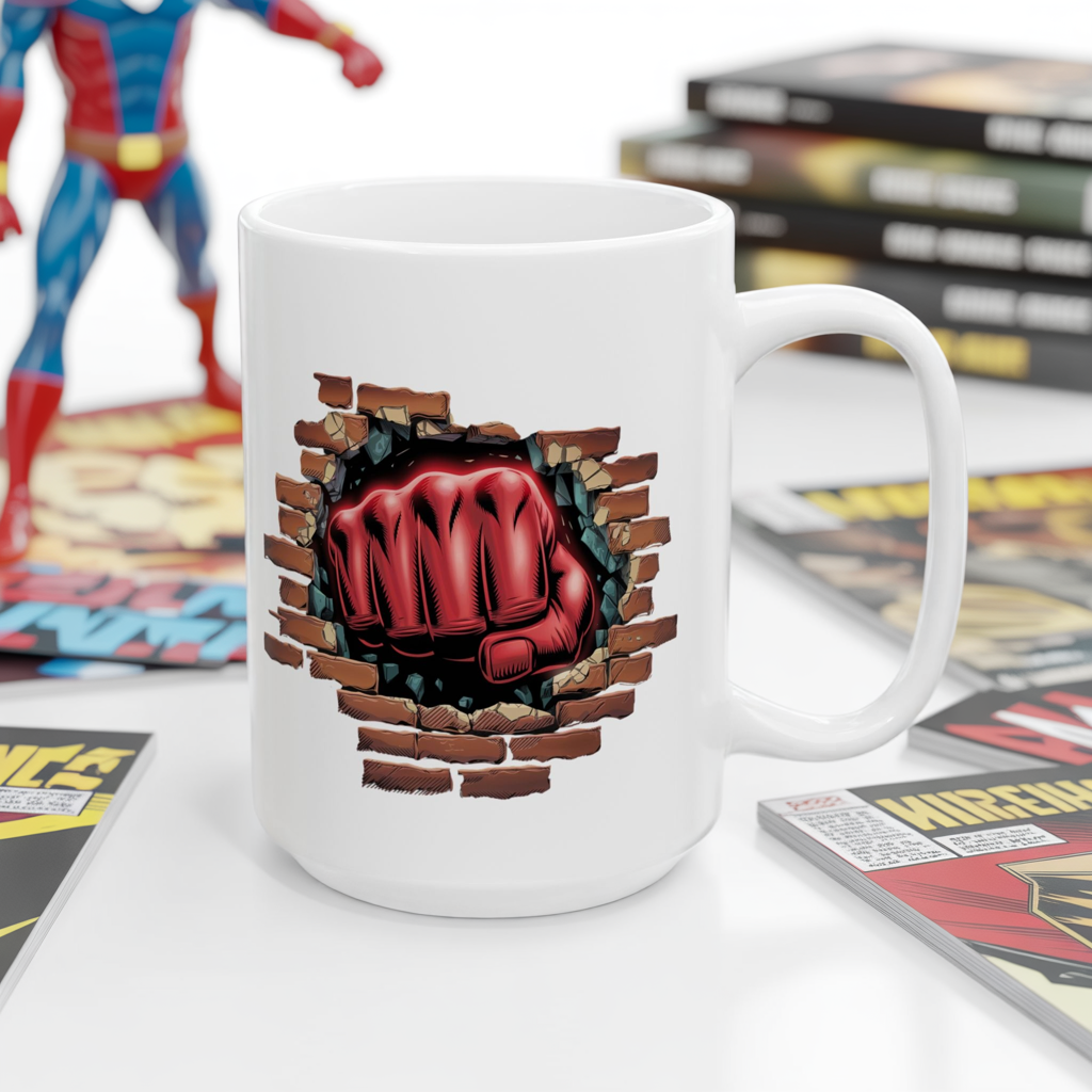 Red Fist Breaking Through Brick Mug – Bold Graphic 11oz or 15oz Ceramic Coffee Cup – Edgy Statement Gift for Him or Her, Cottagecore & Galaxy Aesthetic