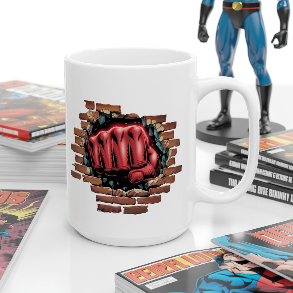 Red Fist Breaking Through Brick Mug – Bold Graphic 11oz or 15oz Ceramic Coffee Cup – Edgy Statement Gift for Him or Her, Cottagecore & Galaxy Aesthetic