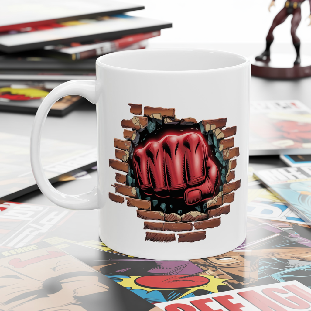Red Fist Breaking Through Brick Mug – Bold Graphic 11oz or 15oz Ceramic Coffee Cup – Edgy Statement Gift for Him or Her, Cottagecore & Galaxy Aesthetic