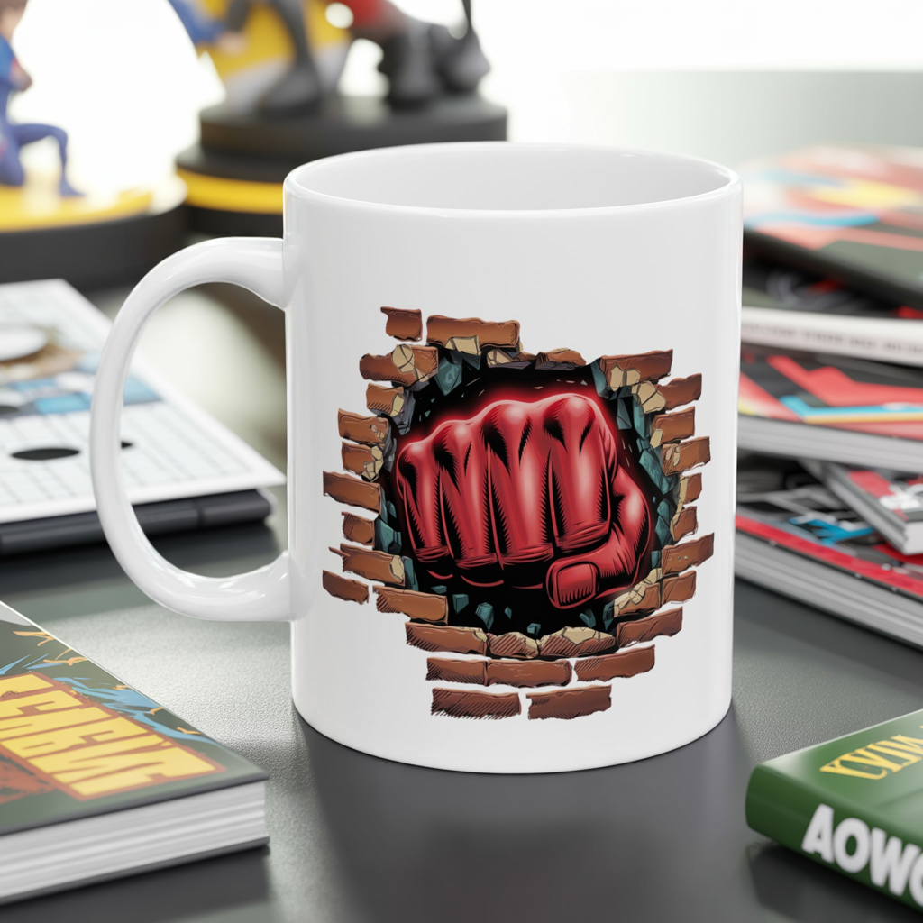 Red Fist Breaking Through Brick Mug – Bold Graphic 11oz or 15oz Ceramic Coffee Cup – Edgy Statement Gift for Him or Her, Cottagecore & Galaxy Aesthetic