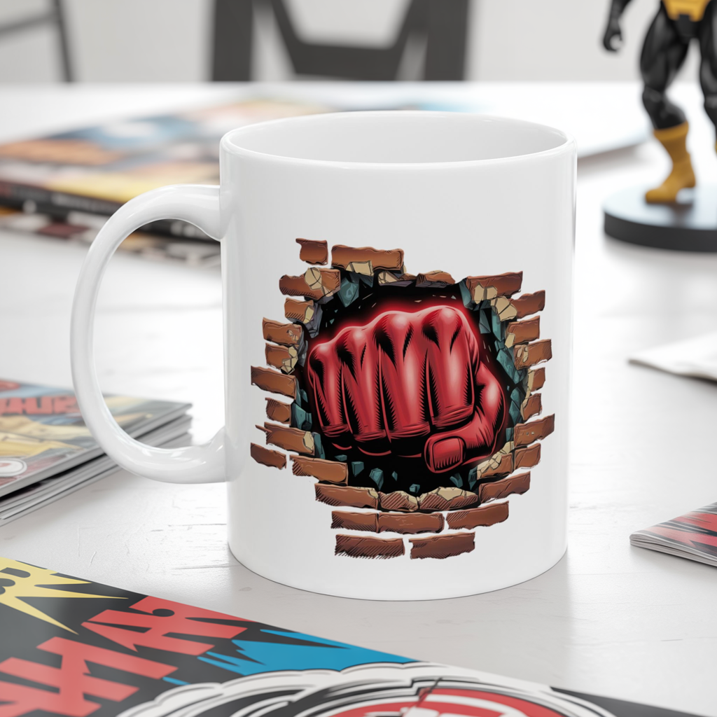 Red Fist Breaking Through Brick Mug – Bold Graphic 11oz or 15oz Ceramic Coffee Cup – Edgy Statement Gift for Him or Her, Cottagecore & Galaxy Aesthetic