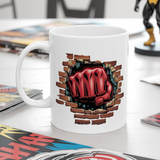 Red Fist Breaking Through Brick Mug – Bold Graphic 11oz or 15oz Ceramic Coffee Cup – Edgy Statement Gift for Him or Her, Cottagecore & Galaxy Aesthetic