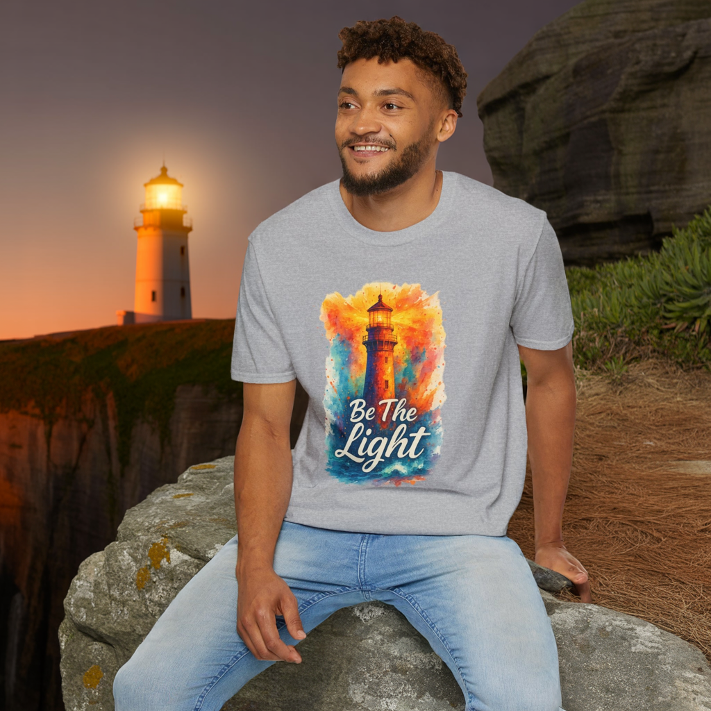 Be The Light Lighthouse T-Shirt | Inspirational Spiritual Tee | Coastal Nautical Gift for Her and Him | Unisex Softstyle Graphic Tee