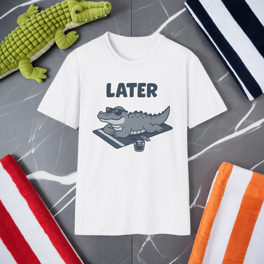 Later Gator Lounge Graphic Tee - Funny Alligator T-Shirt, Summer Vacation Humor, Cute Animal Tee, Relax Gift for Him and Her