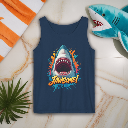 Jawsome Shark Graphic Tank Top | Funny Retro 90s-Style Shark Tee for Men and Women | Bold Ocean Print, Humor Gift, Summer Trending