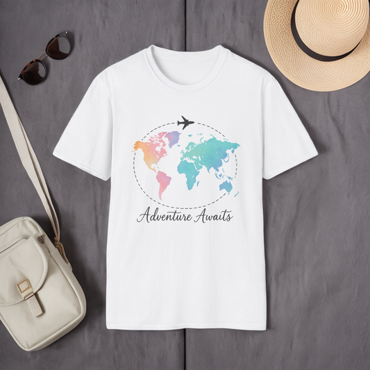 Adventure Awaits Travel Shirt | Watercolor World Map Tee for Women and Men | Wanderlust Gift for Travelers, Hikers, Campers, Beach Lovers