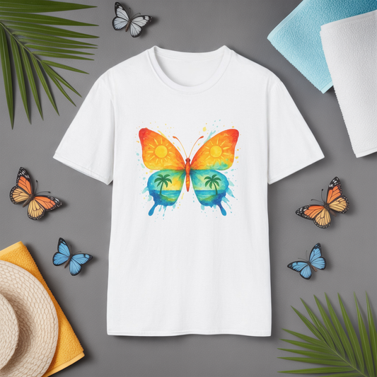 Butterfly Sunset Beach Tee - Ocean & Palm Watercolor Butterfly T-Shirt, Coastal Boho Graphic, Nature Lover Gift, Unisex Casual Tee