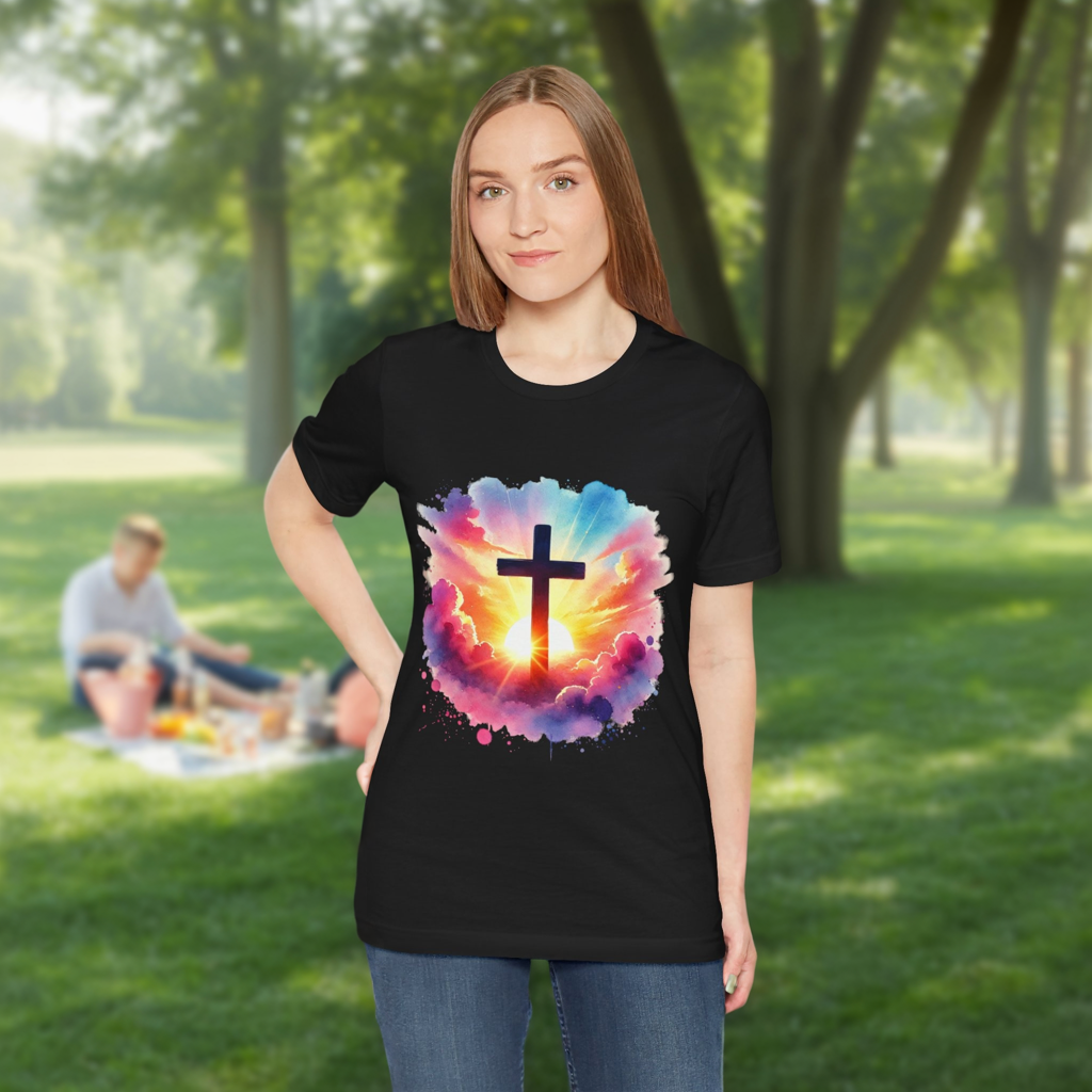 Faith Cross Sunburst Christian Tee | Inspirational Christian T-Shirt | Colorful Sunrise Cross Shirt | Faith Gifts for Women Men