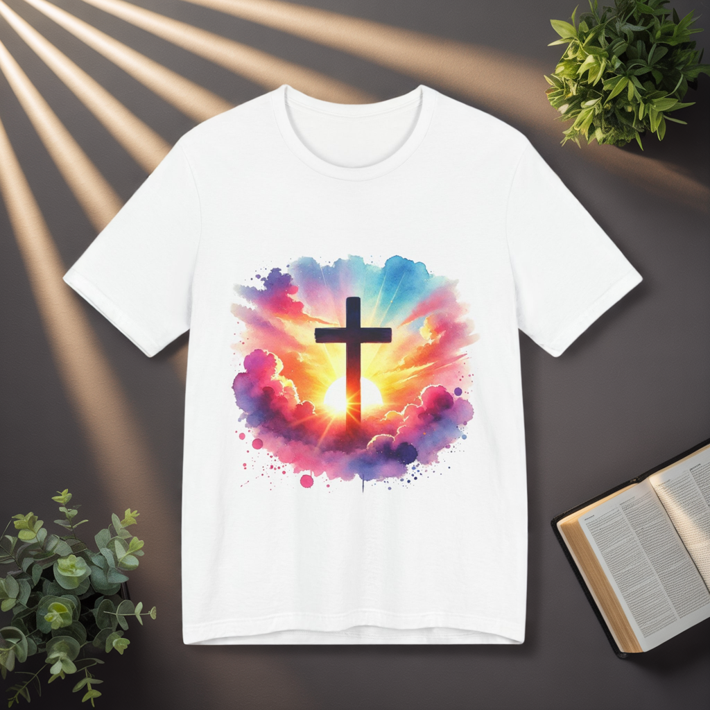 Faith Cross Sunburst Christian Tee | Inspirational Christian T-Shirt | Colorful Sunrise Cross Shirt | Faith Gifts for Women Men