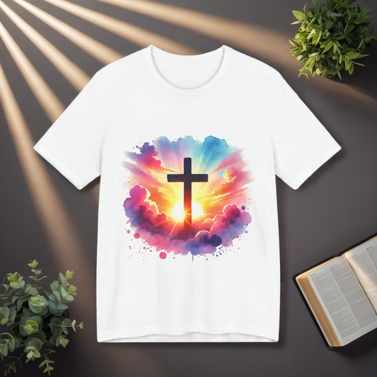 Faith Cross Sunburst Christian Tee | Inspirational Christian T-Shirt | Colorful Sunrise Cross Shirt | Faith Gifts for Women Men