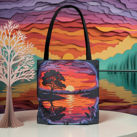 Sunset Landscape Canvas Tote Bag – Paper‑Art Inspired Nature Scene Tote – Colorful Sunset Market Tote, Eco Reusable Beach Bag, Vibrant Gift for Her