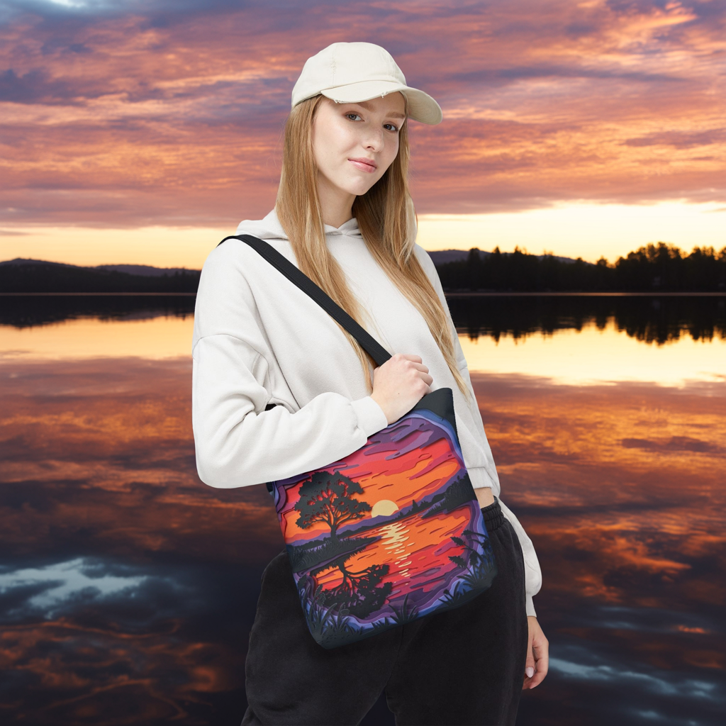 Sunset Landscape Canvas Tote Bag – Paper‑Art Inspired Nature Scene Tote – Colorful Sunset Market Tote, Eco Reusable Beach Bag, Vibrant Gift for Her