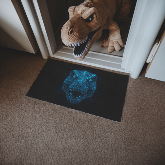 Bioluminescent-Style T-Rex Doormat – Neon Blue Dinosaur Skull Rug, Bold Dinosaur Door Mat, Non-Slip Entryway Rug, Unique Gift for Dino Lovers