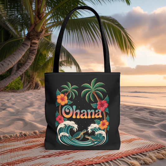 Ohana Tote Bag – Hawaiian Beach Tote with Sea Turtles & Palm Trees – Floral Tropical Reusable Bag, Summer Gift, Aesthetic Travel Purse