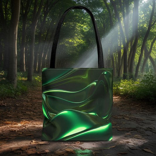 Futuristic Green Tote Bag - Abstract Metallic Wave Art Tote - Glossy Cyber Aesthetic Bag, Techwear Vibes, Edgy Gamer Gift, Trendy Street Style