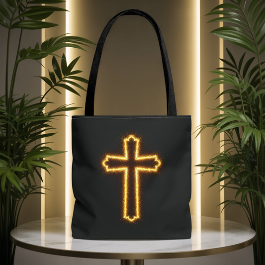 Christian Cross Tote Bag | Glowing Light Faith Bag | Inspirational Religious Gift | Black Canvas Tote | Spiritual Reusable Shopper