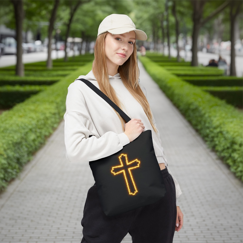 Christian Cross Tote Bag | Glowing Light Faith Bag | Inspirational Religious Gift | Black Canvas Tote | Spiritual Reusable Shopper