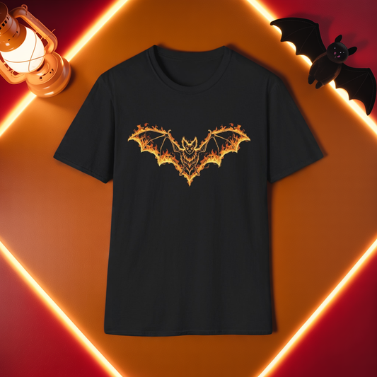 Flaming Bat T-Shirt | Fire Bat Gothic Graphic Tee | Halloween Creature Shirt | Fantasy Bat Design | Metalcore Dark Aesthetic Shirt
