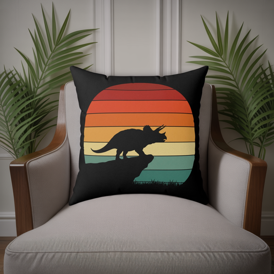 Triceratops Silhouette Throw Pillow Cover - Retro Sunset Dinosaur Cushion, Vintage Retro Boho Home Decor, Nursery Gift, Cute Dinosaur Pillow