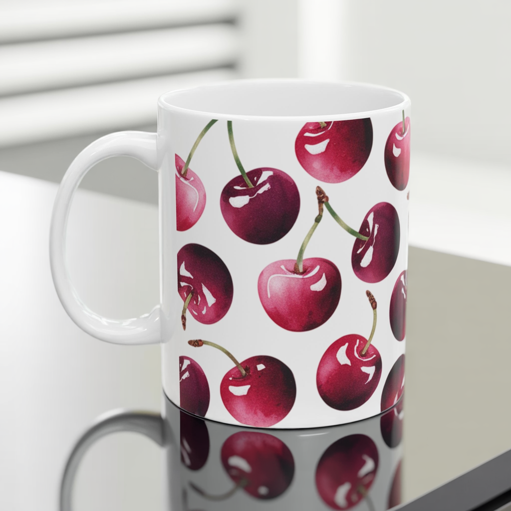 Cherry Pattern Ceramic Coffee Mug – Retro Fruit Cherry Mug, Aesthetic Coquette Cherry Design, Cottagecore Kitchen Gift 11oz & 15oz