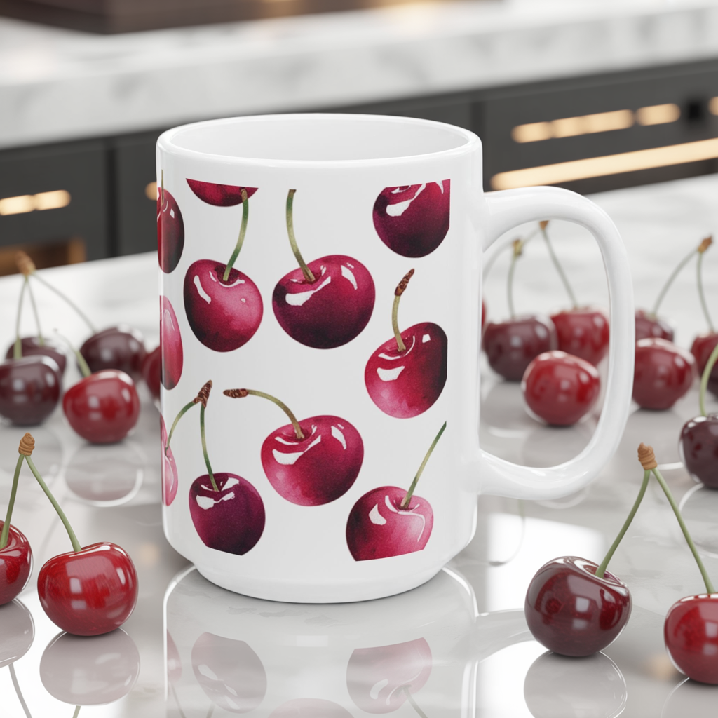Cherry Pattern Ceramic Coffee Mug – Retro Fruit Cherry Mug, Aesthetic Coquette Cherry Design, Cottagecore Kitchen Gift 11oz & 15oz