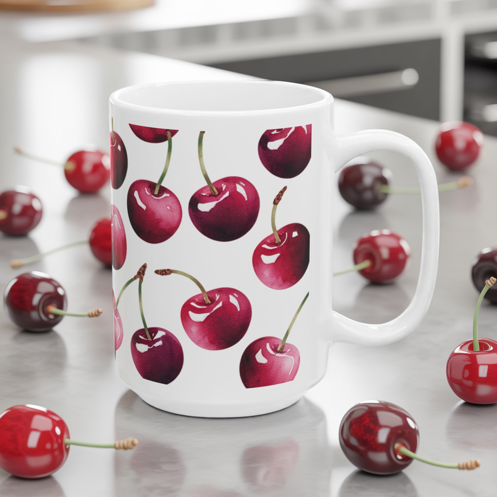 Cherry Pattern Ceramic Coffee Mug – Retro Fruit Cherry Mug, Aesthetic Coquette Cherry Design, Cottagecore Kitchen Gift 11oz & 15oz