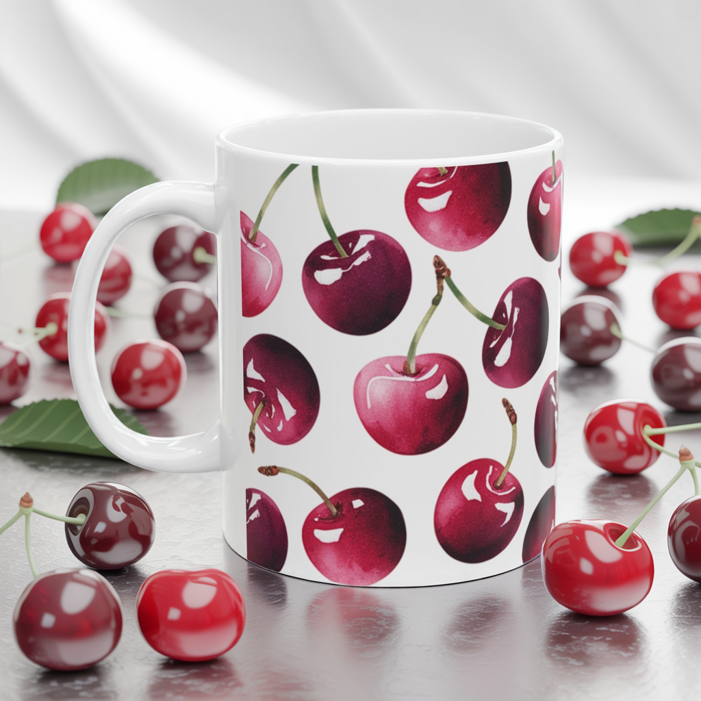 Cherry Pattern Ceramic Coffee Mug – Retro Fruit Cherry Mug, Aesthetic Coquette Cherry Design, Cottagecore Kitchen Gift 11oz & 15oz