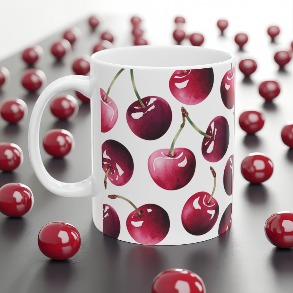 Cherry Pattern Ceramic Coffee Mug – Retro Fruit Cherry Mug, Aesthetic Coquette Cherry Design, Cottagecore Kitchen Gift 11oz & 15oz