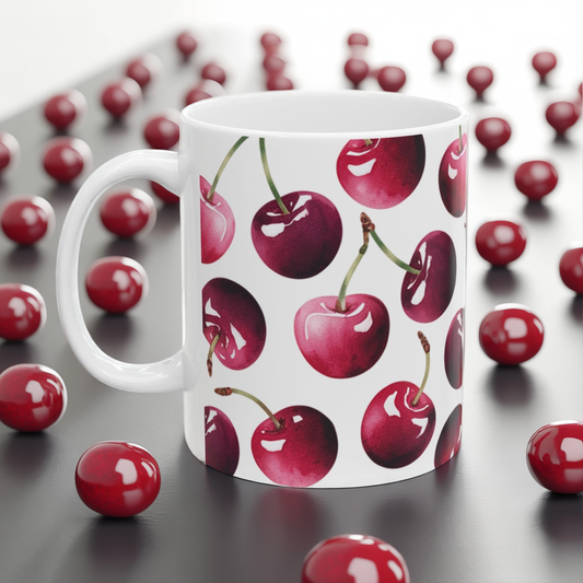 Cherry Pattern Ceramic Coffee Mug – Retro Fruit Cherry Mug, Aesthetic Coquette Cherry Design, Cottagecore Kitchen Gift 11oz & 15oz